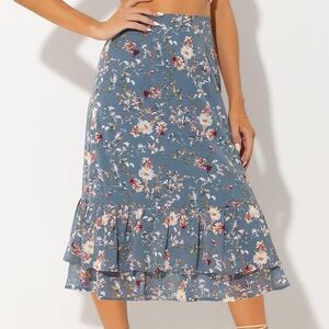 Printed Chiffon Ruffle Tiered Flowy Midi Skirt 3018